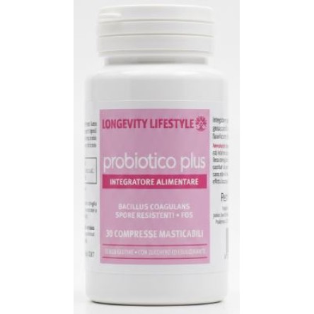 Longevity Probiotico Plus fermenti  lattici 30 compresse masticabili gusto fragola spore resistenti e fos