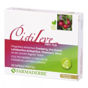Farmaderbe CISTILEVE FORTE PLUS 30 capsule con mirtillo rosso, indicato per cistite e infezioni delle vie urinarie, senza glutine
