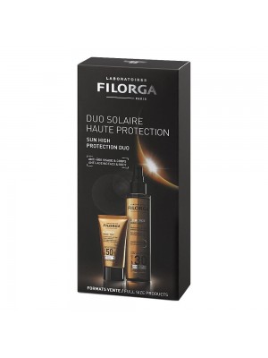 Cofanetto Filorga contenente una crema protezione viso Spf50+ ed un'olio spray corpo Spf30
