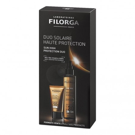 Cofanetto Filorga contenente una crema protezione viso Spf50+ ed un'olio spray corpo Spf30