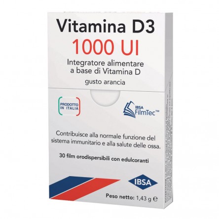 VITAMINA D3 IBSA 1000UI 30 FILM orodispersibili, integratore per il corretto funzionamento del sistema immunitario e per la salute delle ossa 